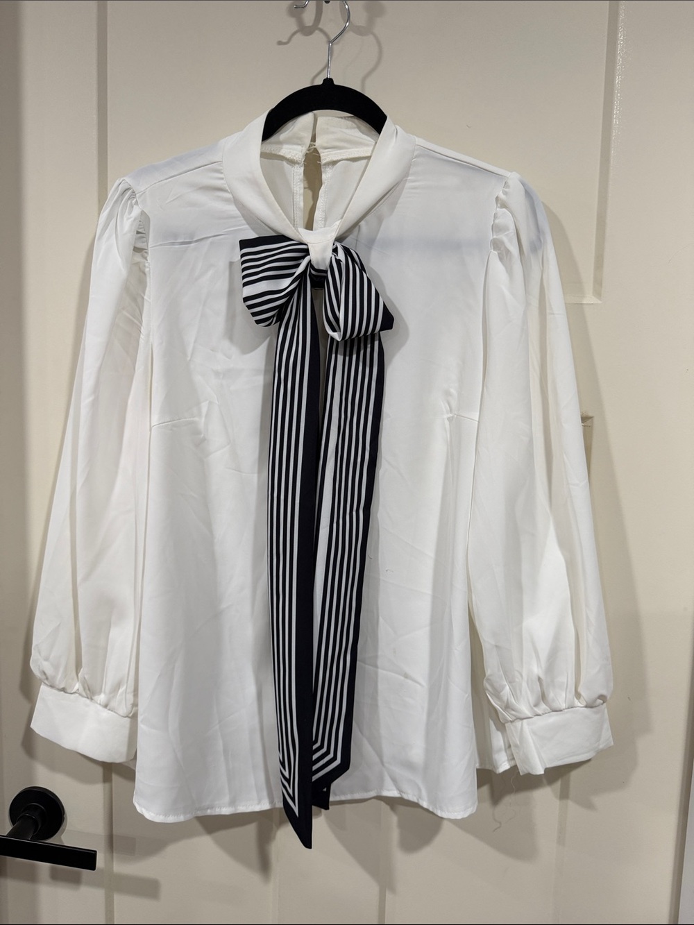 SHEIN White Long-Sleeve Blouse with Black-White Striped Bow